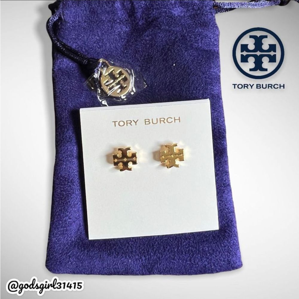 NWT Tory Burch 18K Gold Plated Kira Logo Stud Earrings & Dust Bag $78 - Picture 10 of 12